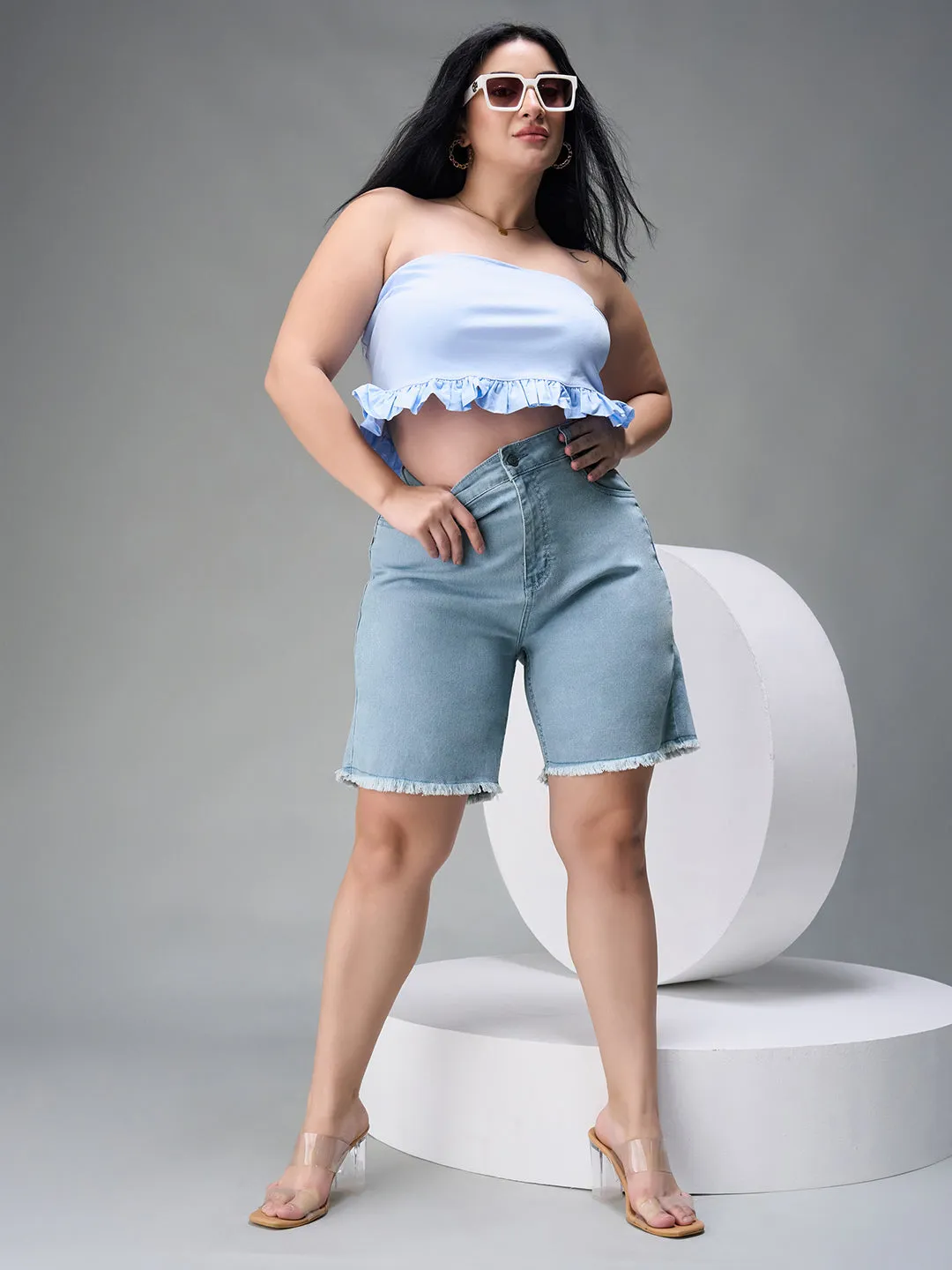 Women's Light Blue High Rise Above Knee Stretchable Denim Shorts
