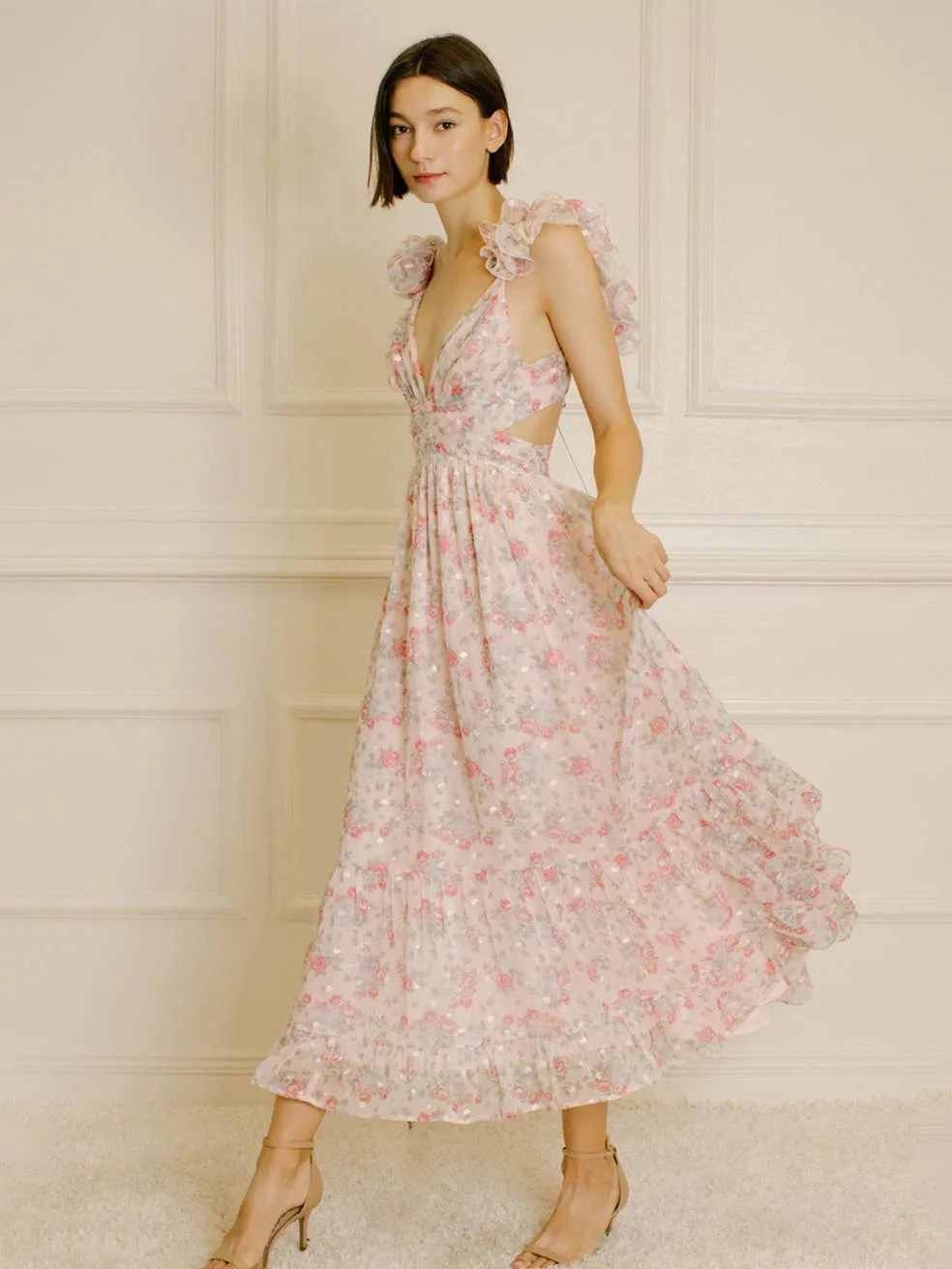 Women's Storia Floral Tiny Flowers Maxi Dress with criss-cross back tie