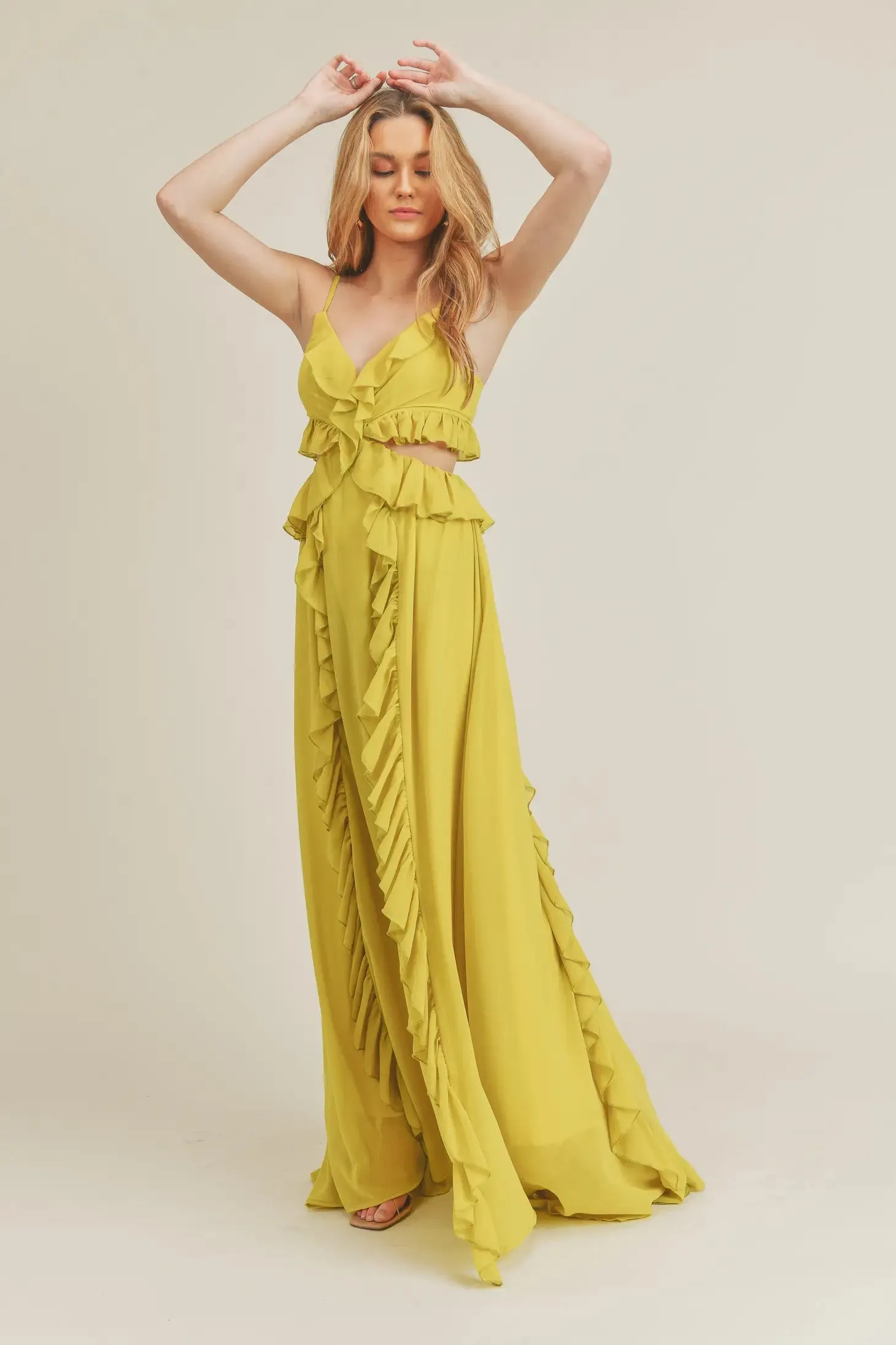 Yellow Side Cutout Ruffled Maxi Dress