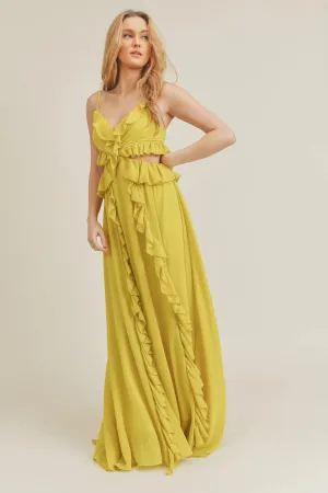 Yellow Side Cutout Ruffled Maxi Dress