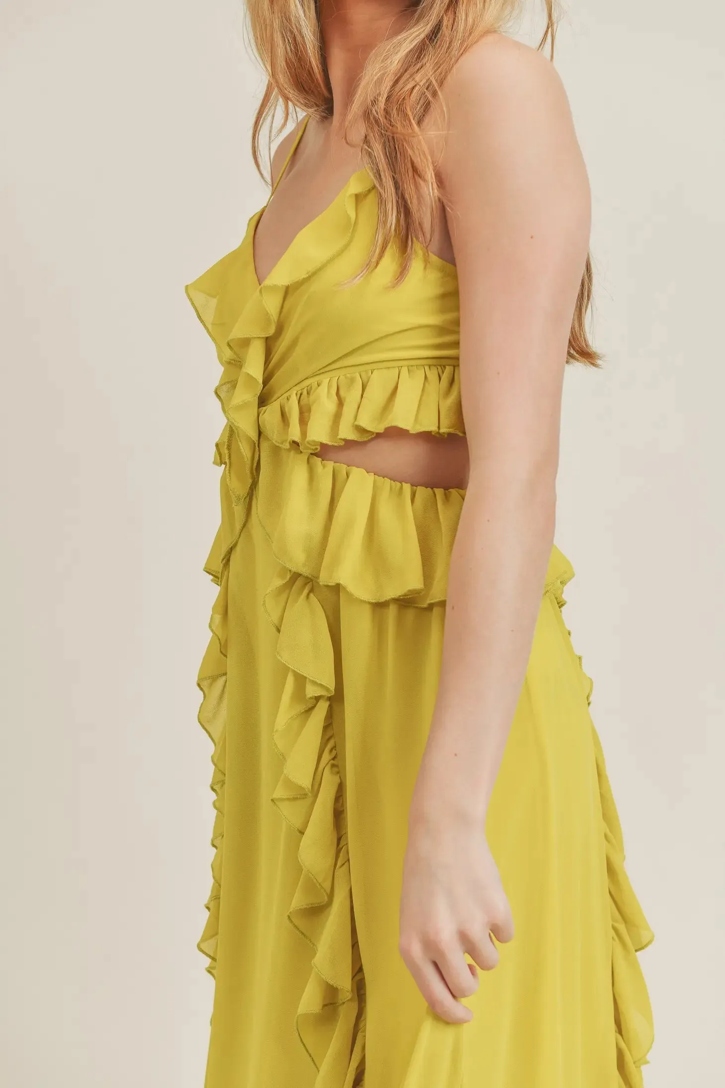 Yellow Side Cutout Ruffled Maxi Dress