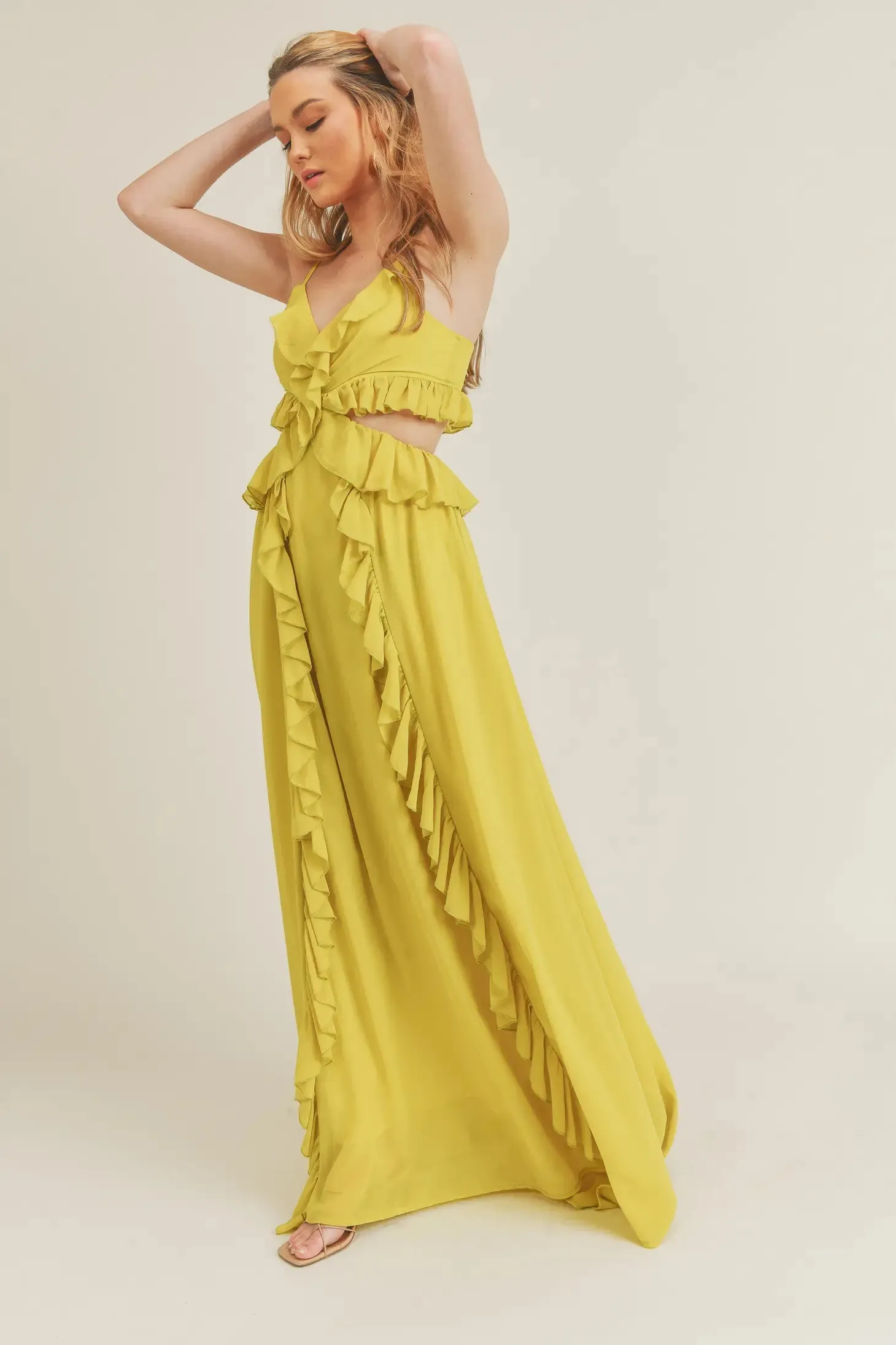 Yellow Side Cutout Ruffled Maxi Dress