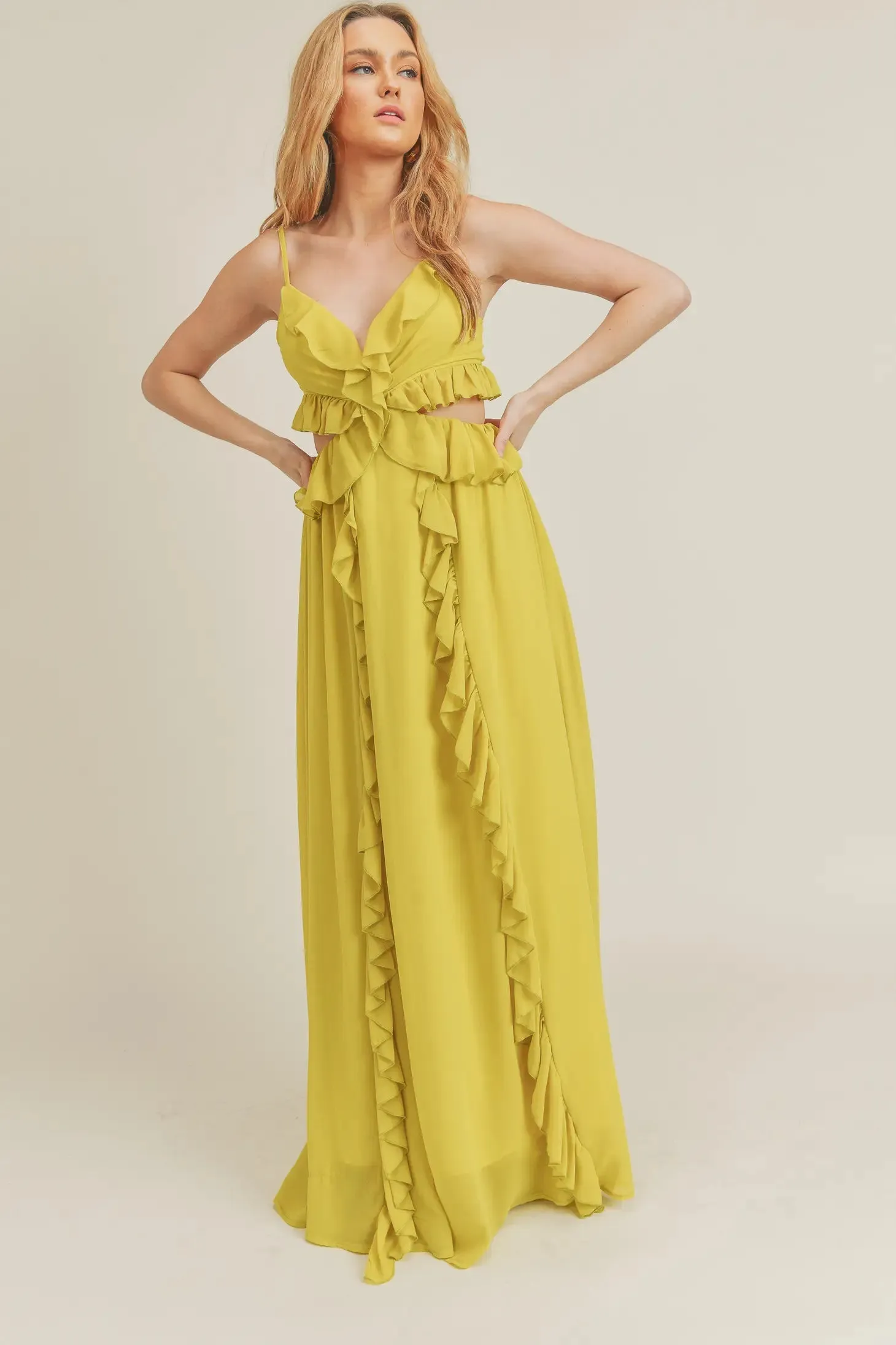 Yellow Side Cutout Ruffled Maxi Dress