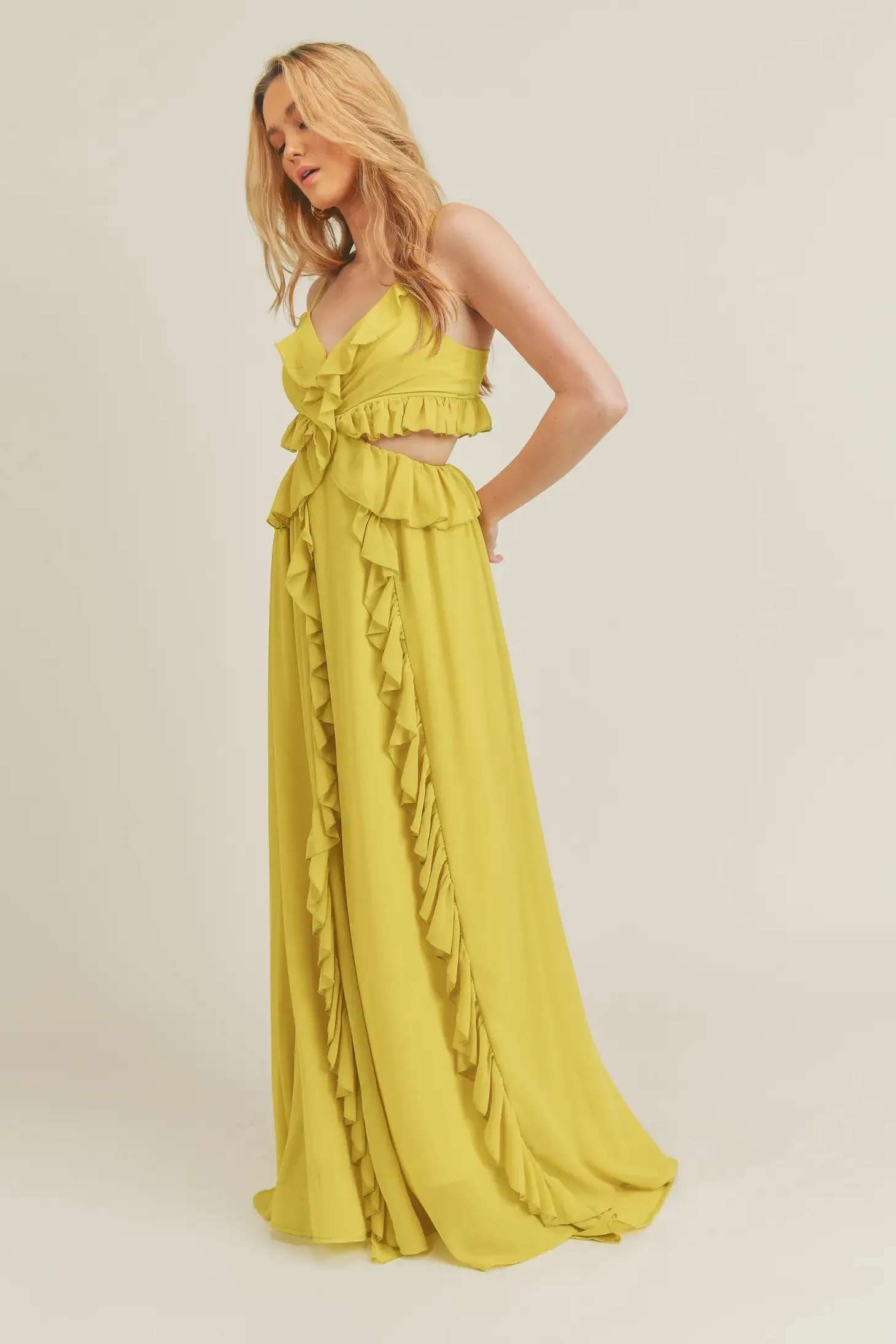 Yellow Side Cutout Ruffled Maxi Dress