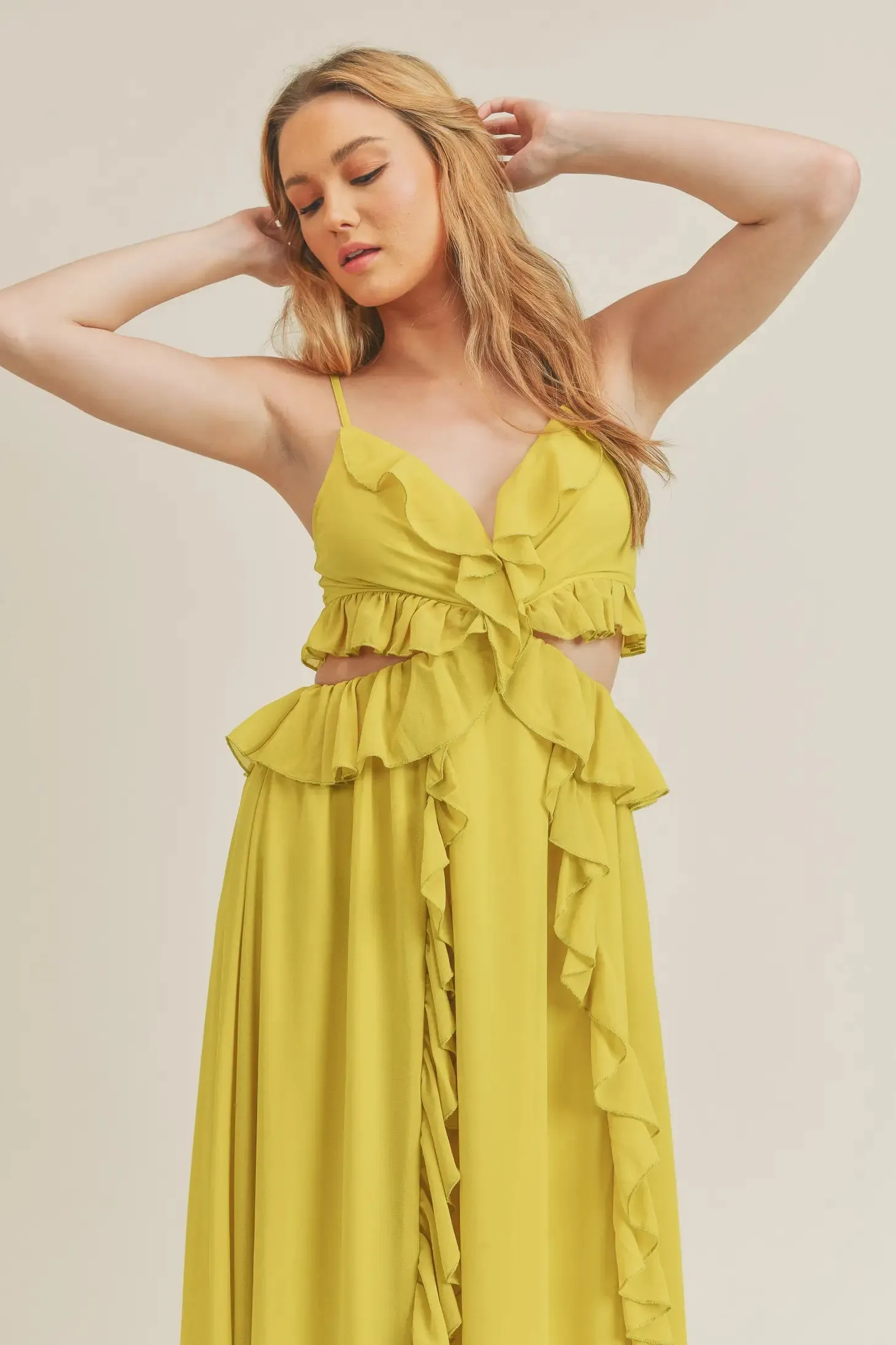 Yellow Side Cutout Ruffled Maxi Dress